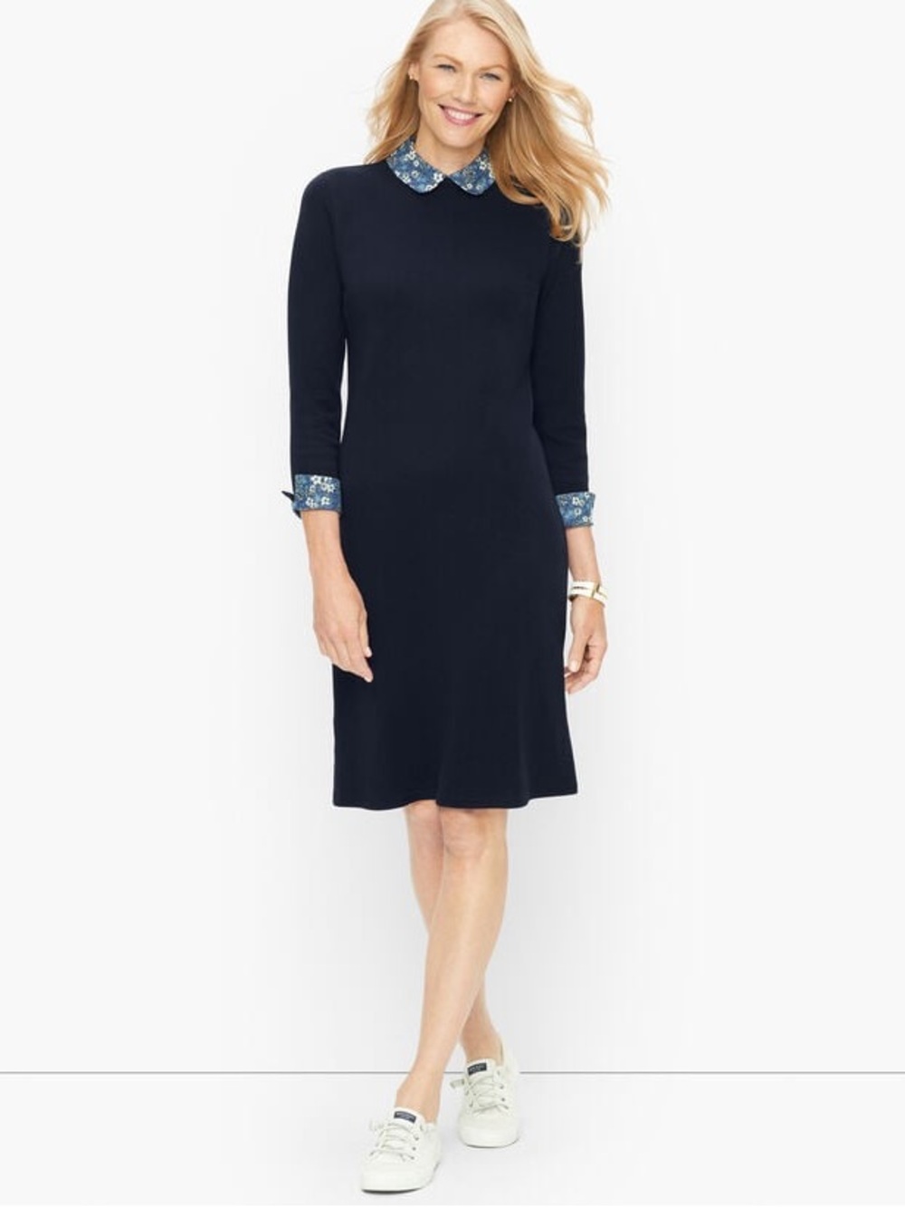 Talbots 100% cotton navy floral accent removable collar shift dress, large.